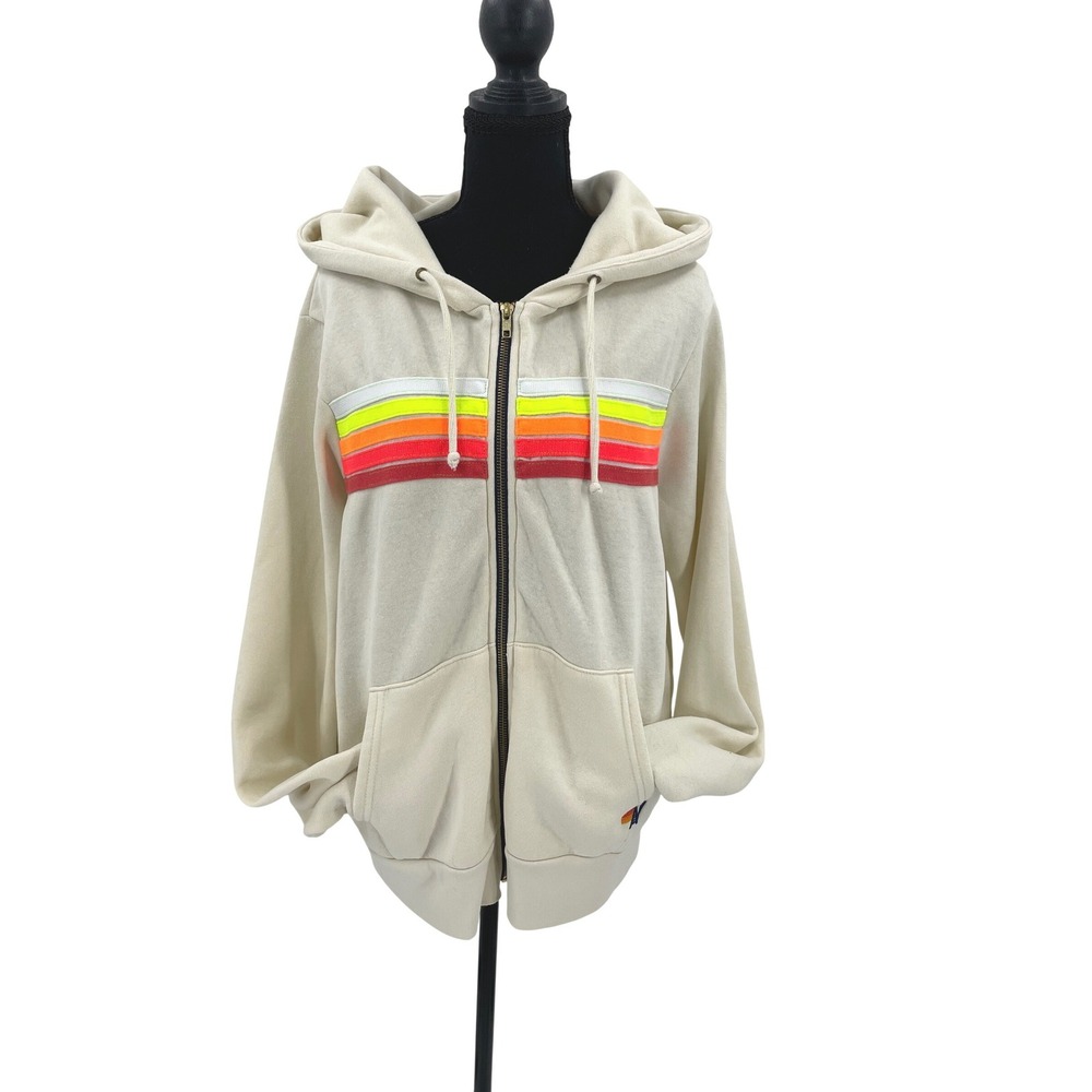Aviator Nation Hoodie Womens M Cream Retro Neon Stripe Zip Sweatshirt Jacket